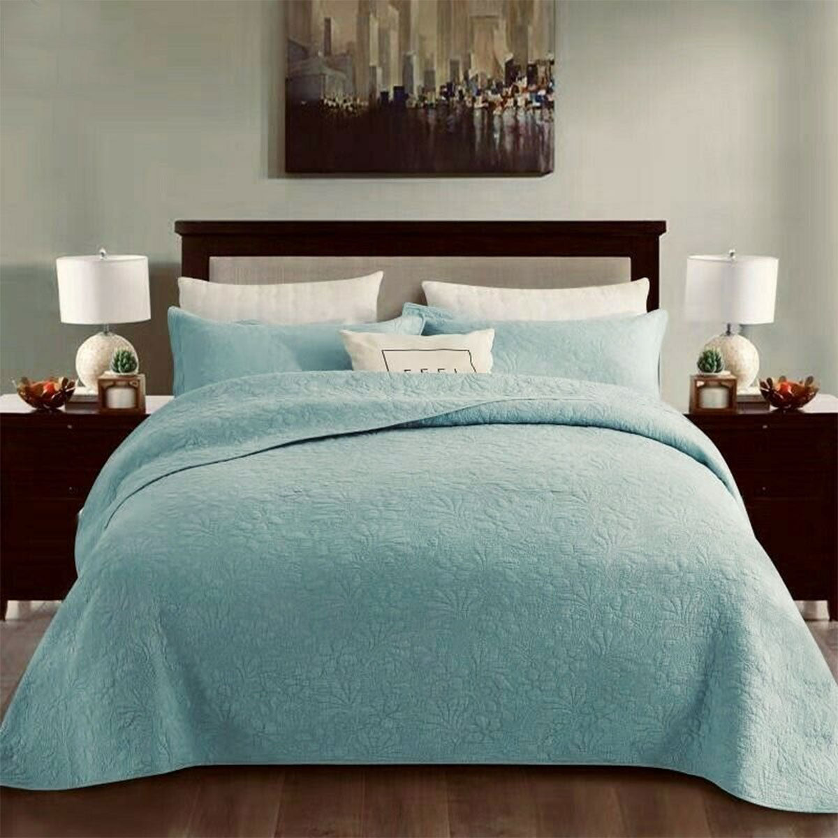 Floral Cotton Quilted Bedspread Coverlet Set Turquoise King