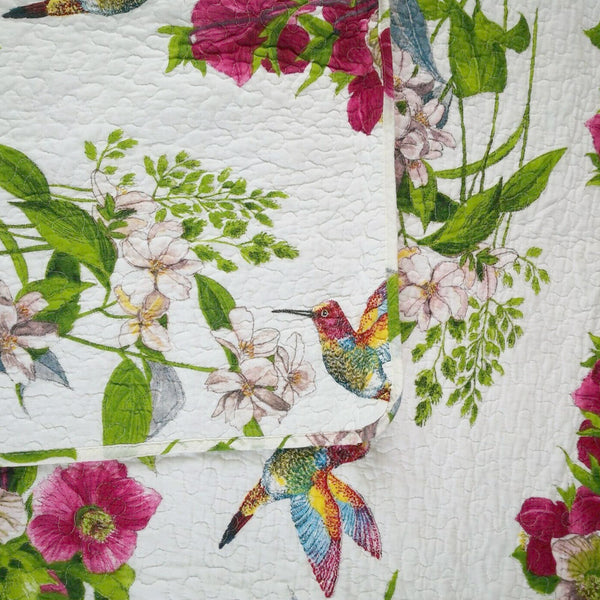 Hummingbird Floral Quilted Bedspread Comforter Coverlet Charcoal White Queen