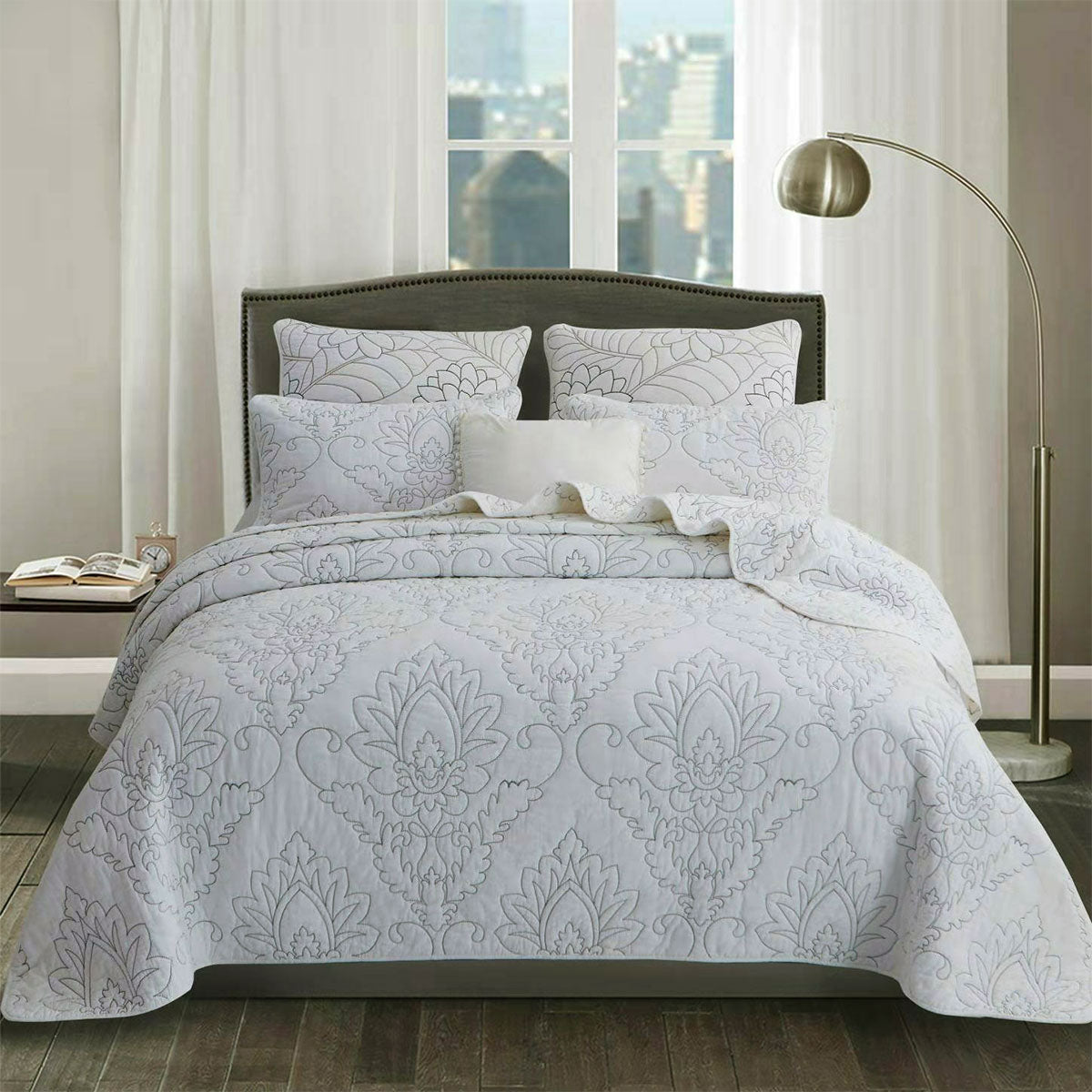 Majestic Damask Quilted Bedspread Comforter Coverlet White Queen