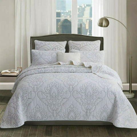Majestic Damask Quilted Bedspread Comforter Coverlet White Queen