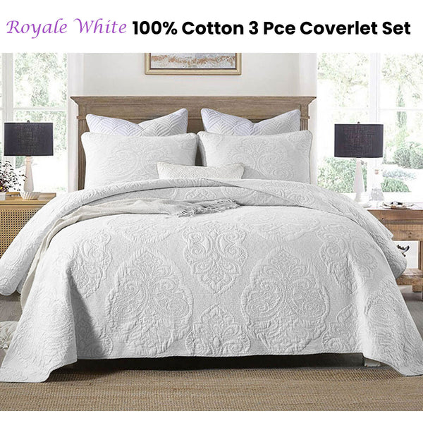 Damask Cotton Rich Quilted Bedspread Coverlet Set Royale White King