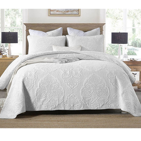 Damask Cotton Rich Quilted Bedspread Coverlet Set Royale White Queen