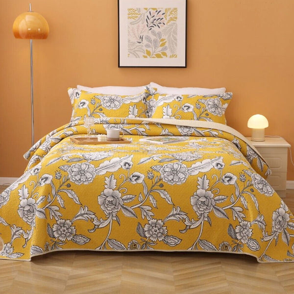 Floral Cotton Lightly Quilted Bedspread Comforter Coverlet Set Vibrant Yellow Queen