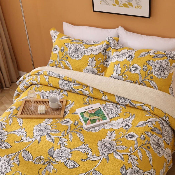 Floral Cotton Lightly Quilted Bedspread Comforter Coverlet Set Vibrant Yellow Queen