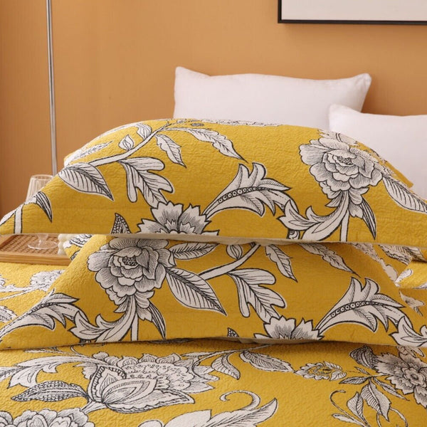 Floral Cotton Lightly Quilted Bedspread Comforter Coverlet Set Vibrant Yellow Queen