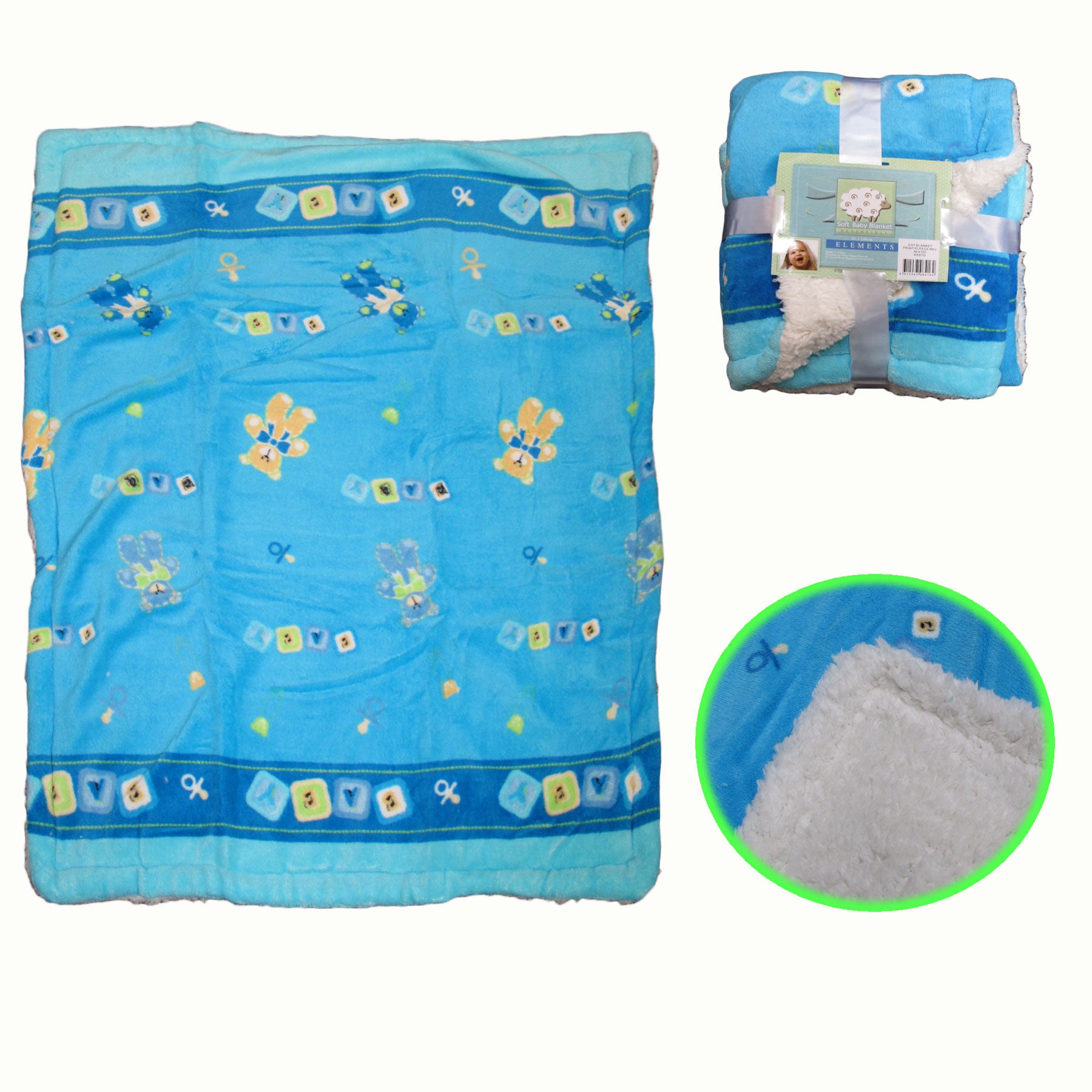 Elements Kids Childrens Nursery Coral Fleece Blanket Blue Teddy 100 x 80cm