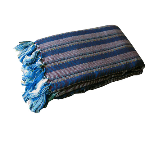 Liam Acrylic Knitted Striped Blanket Throw Rug Fringe 127 x 152cm Blue