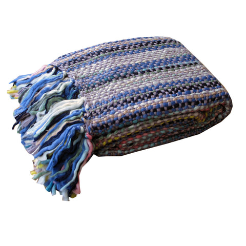 Riley Acrylic Knitted Striped Blanket Throw Rug Fringe 127 x 152cm Blue