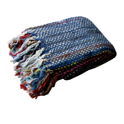 Riley Acrylic Knitted Striped Blanket Throw Rug Fringe 127 x 152cm Blue