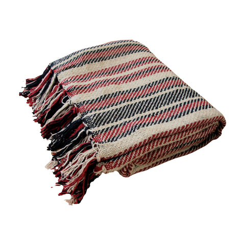 Stella Striped Cotton Knitted Blanket Throw Rug 125 x 150cm Natural Red