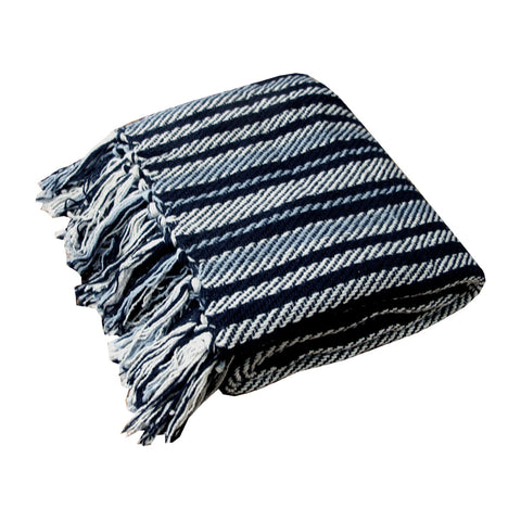 Stella Striped Cotton Knitted Blanket Throw Rug 125 x 150cm Navy Blue Multi