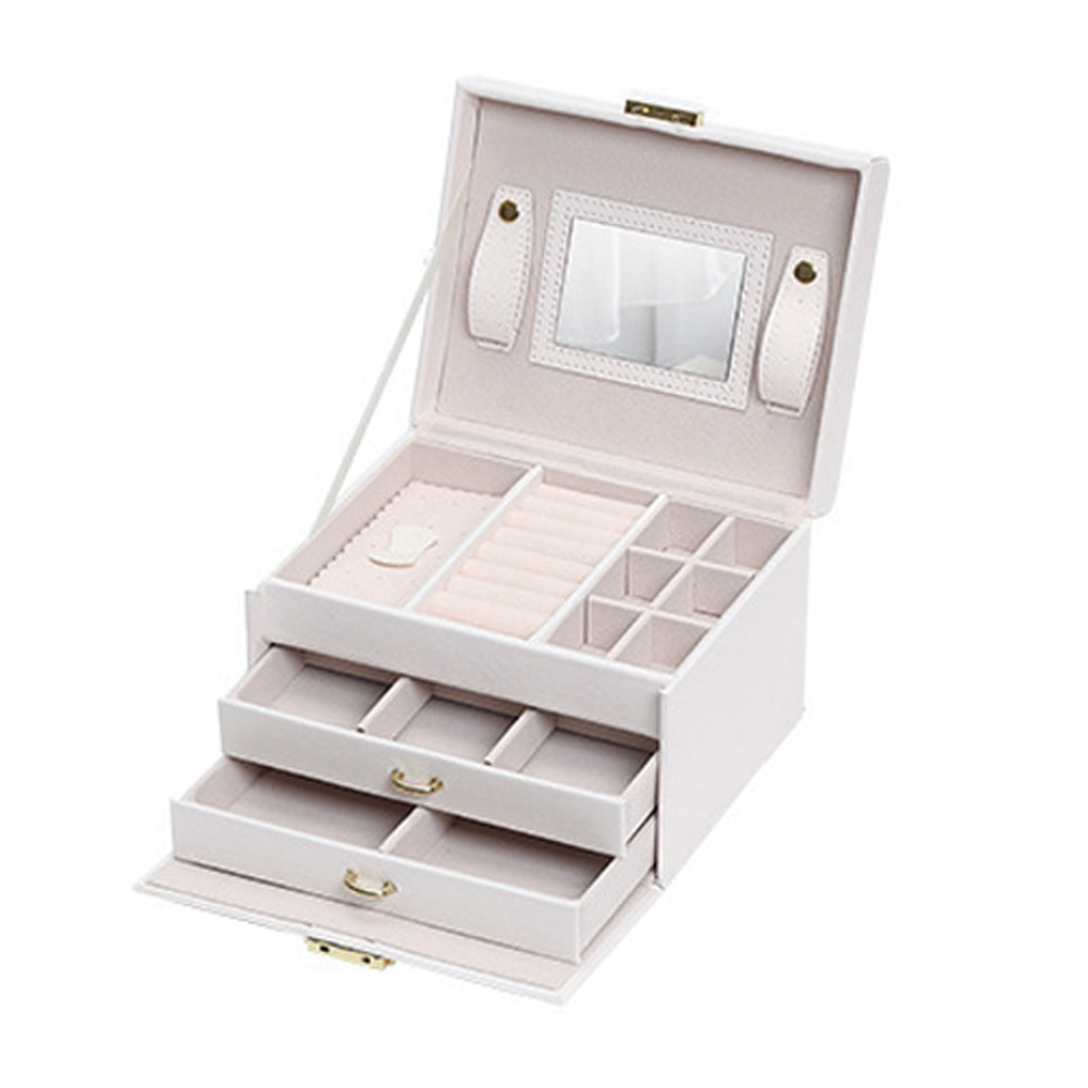 Jewellry Box Organiser Storage Case 3 Tier Mirror Locakable PU Leather White