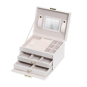 Jewellry Box Organiser Storage Case 3 Tier Mirror Locakable PU Leather White