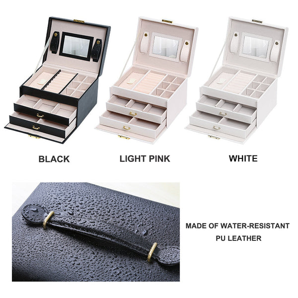 Jewellry Box Organiser Storage Case 3 Tier Mirror Locakable PU Leather White