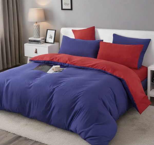 1000TC Reversible Queen Size Blue and Red Duvet Quilt Cover Set