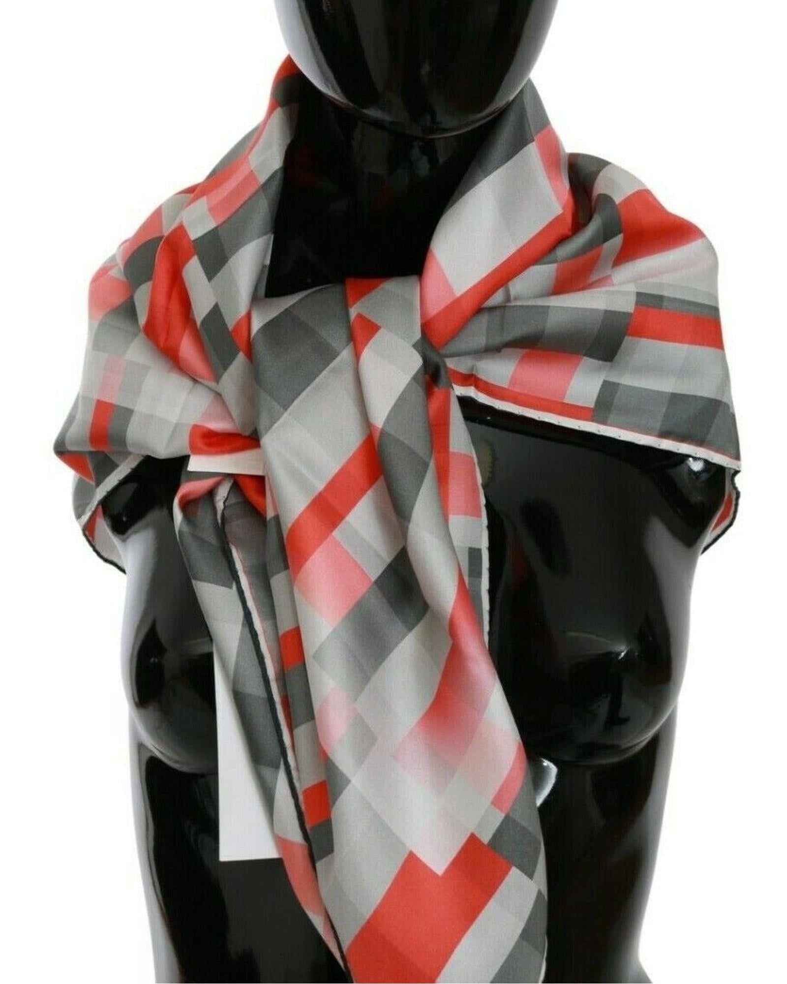 Costume National Women's Grey Red Check Print Silk Shawl Wrap Scarf 95 x 95cm