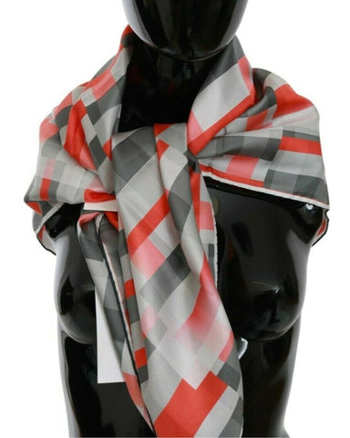 Costume National Women's Grey Red Check Print Silk Shawl Wrap Scarf 95 x 95cm