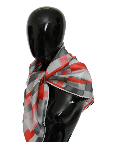 Costume National Women's Grey Red Check Print Silk Shawl Wrap Scarf 95 x 95cm