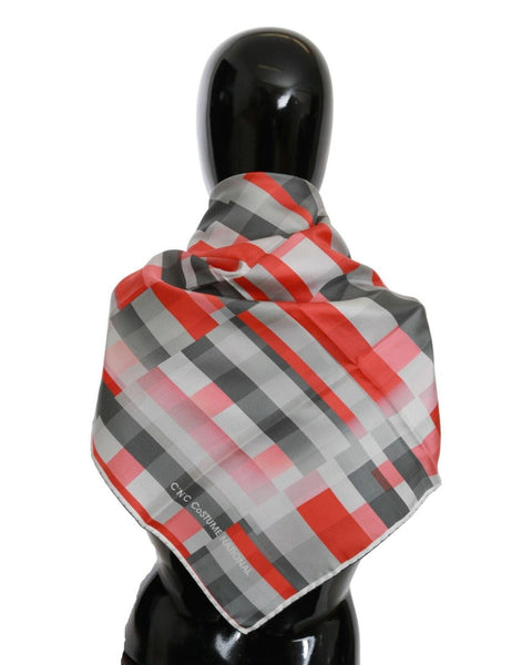 Costume National Women's Grey Red Check Print Silk Shawl Wrap Scarf 95 x 95cm