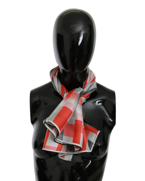 Costume National Women's Grey Red Check Print Silk Shawl Wrap Scarf 95 x 95cm