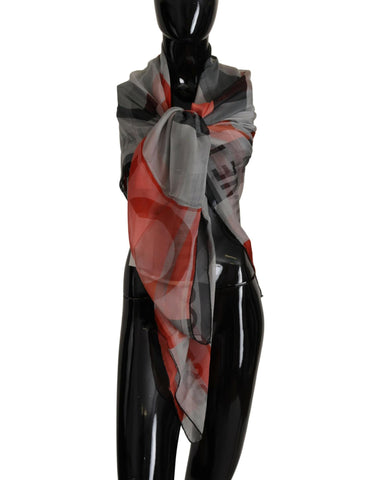 CNC Costume National Women's Grey Red Check Print Silk Shawl Wrap Scarf 130 x 130cm