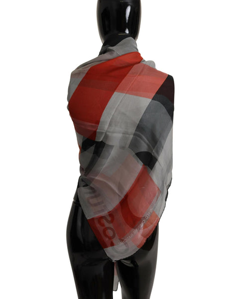 CNC Costume National Women's Grey Red Check Print Silk Shawl Wrap Scarf 130 x 130cm
