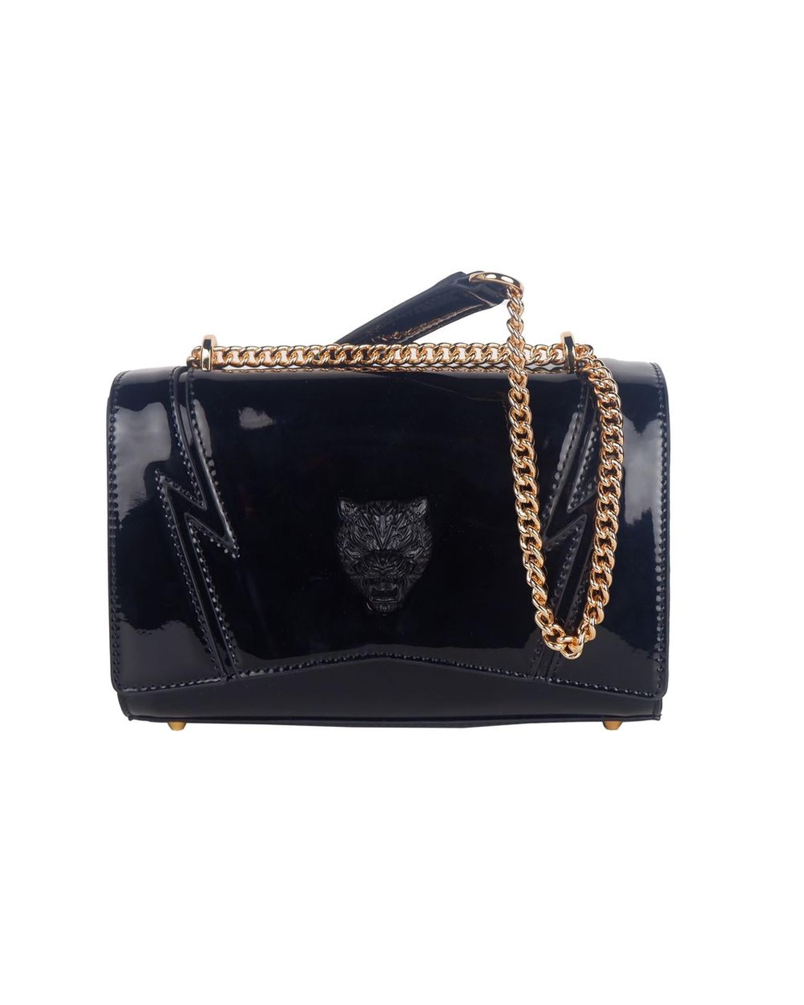 Plein Sport Black Polyethylene Patent Leather Effect Gold Chain Shoulder Bag Handbag