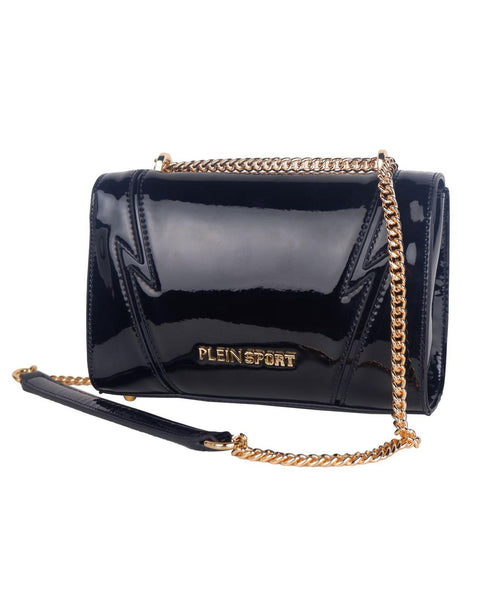 Plein Sport Black Polyethylene Patent Leather Effect Gold Chain Shoulder Bag Handbag