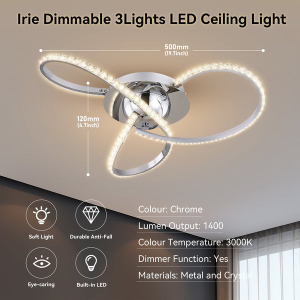 Irie Dimmable LED Ceiling Light 3 Strand Crystal Metal Chrome