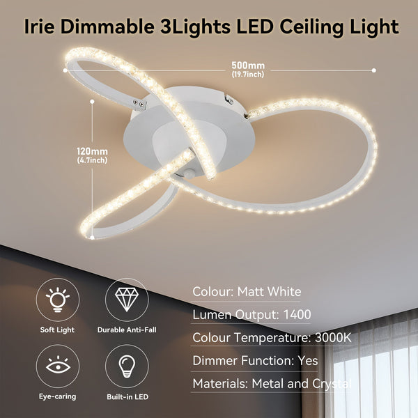 Irie Dimmable LED Ceiling Light 3 Strand Crystal Metal White
