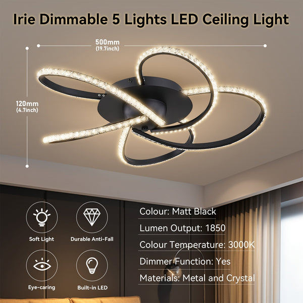 Irie Dimmable LED Ceiling Light 5 Strand Crystal Metal Black