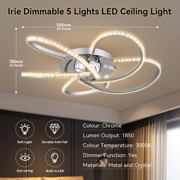 Irie Dimmable LED Ceiling Light 5 Strand Crystal Metal Chrome