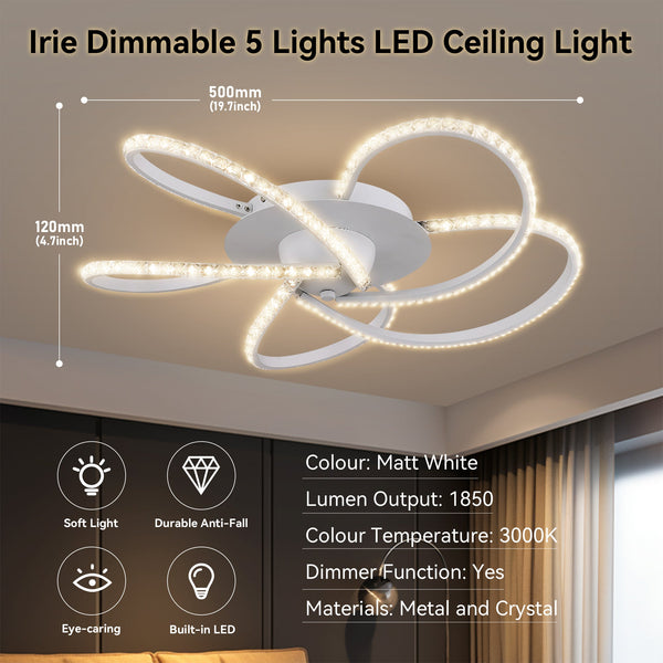Irie Dimmable LED Ceiling Light 5 Strand Crystal Metal White