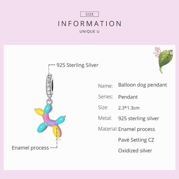 Balloon Dog Enamel Sterling Silver Zircon CZ Bead Charm Bracelet Necklace