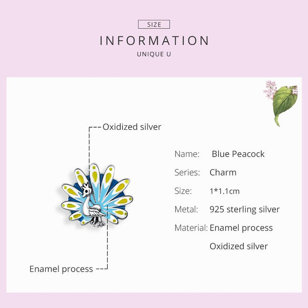 Peacock Enamel Sterling Silver Bead Charm Pendant Bracelet Necklace