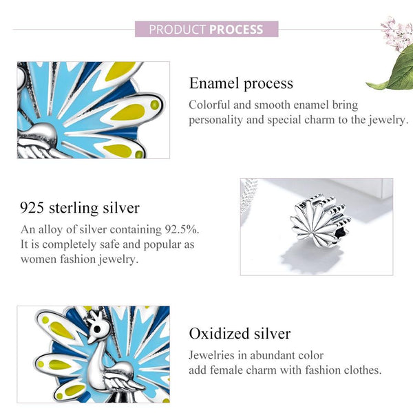 Peacock Enamel Sterling Silver Bead Charm Pendant Bracelet Necklace