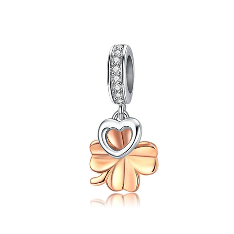 Four Leaf Clover Heart Rose Gold Plated Sterling Silver CZ Bead Charm Bracelet Necklace