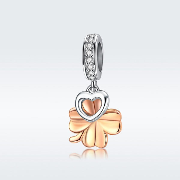 Four Leaf Clover Heart Rose Gold Plated Sterling Silver CZ Bead Charm Bracelet Necklace