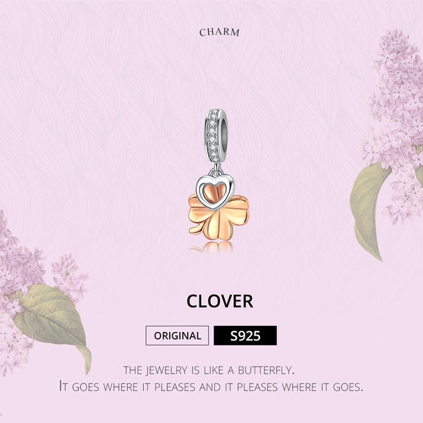 Four Leaf Clover Heart Rose Gold Plated Sterling Silver CZ Bead Charm Bracelet Necklace