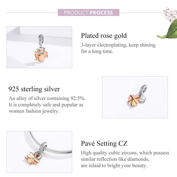 Four Leaf Clover Heart Rose Gold Plated Sterling Silver CZ Bead Charm Bracelet Necklace