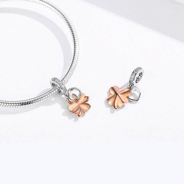 Four Leaf Clover Heart Rose Gold Plated Sterling Silver CZ Bead Charm Bracelet Necklace