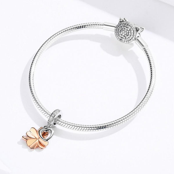 Four Leaf Clover Heart Rose Gold Plated Sterling Silver CZ Bead Charm Bracelet Necklace