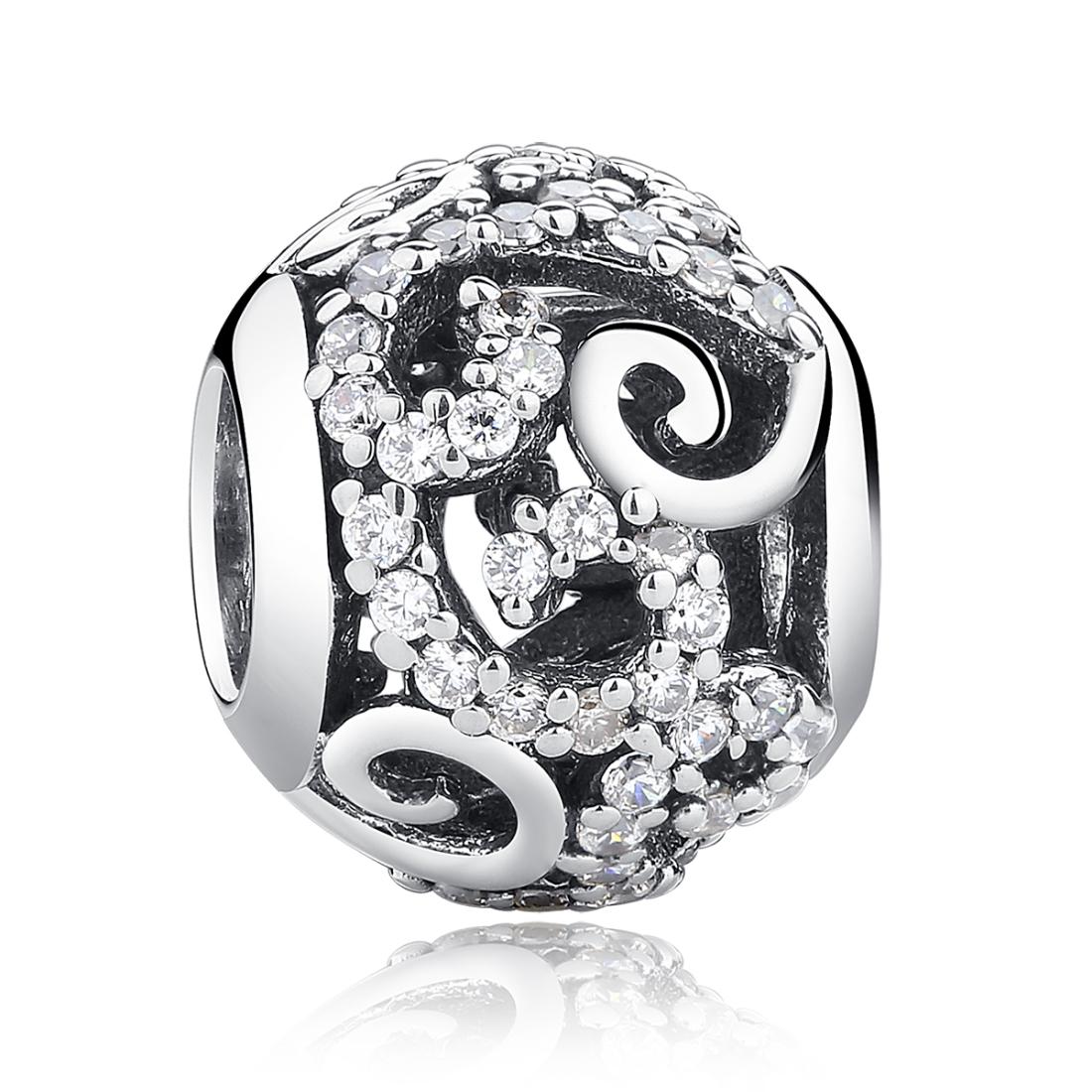 Swirl Pave Crystal Sterling Silver CZ Bead Charm Pendant Bracelet Necklace