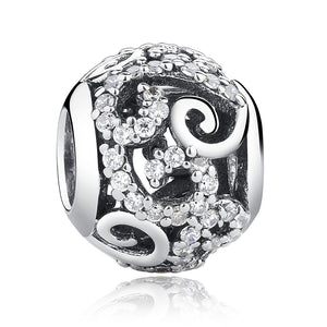 Swirl Pave Crystal Sterling Silver CZ Bead Charm Pendant Bracelet Necklace