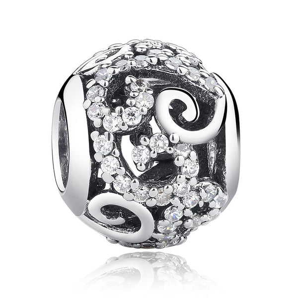 Swirl Pave Crystal Sterling Silver CZ Bead Charm Pendant Bracelet Necklace
