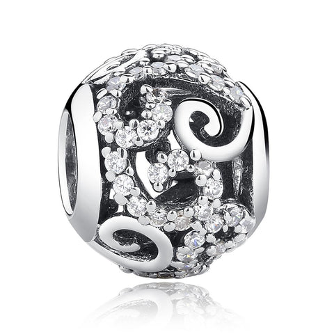 Swirl Pave Crystal Sterling Silver CZ Bead Charm Pendant Bracelet Necklace