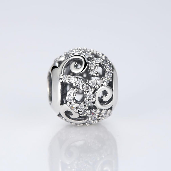 Swirl Pave Crystal Sterling Silver CZ Bead Charm Pendant Bracelet Necklace