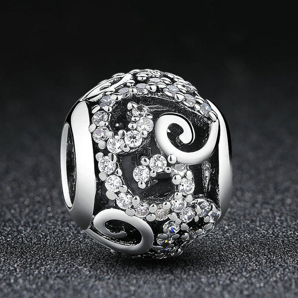 Swirl Pave Crystal Sterling Silver CZ Bead Charm Pendant Bracelet Necklace