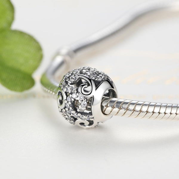Swirl Pave Crystal Sterling Silver CZ Bead Charm Pendant Bracelet Necklace