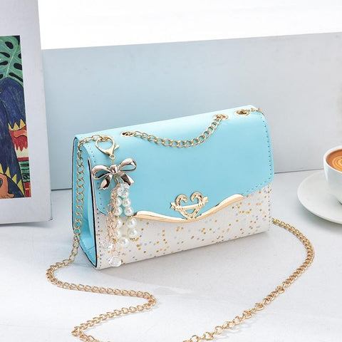 Faux PU Leather Shoulder Bag Handbag Gold Chain Hardware Light Blue